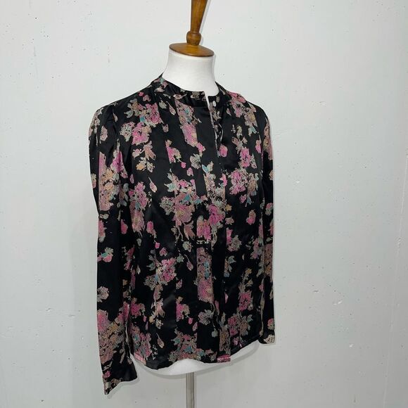 Vintage Black 100% silk pleated tailored floral button down blouse top medium 6 - Picture 3 of 12